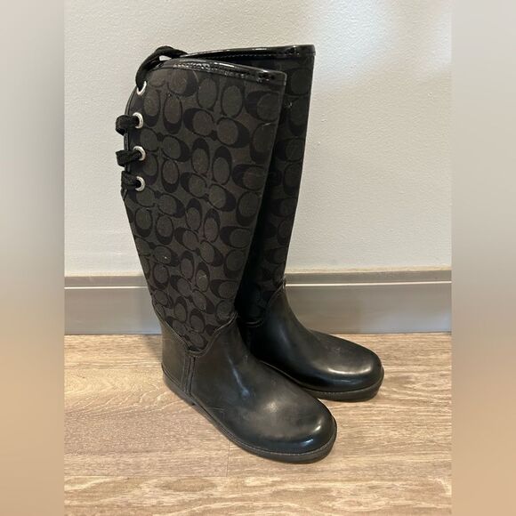 Coach black tristee signature lace up rain boots size 6B - Picture 1 of 6